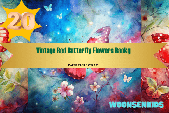 New Vintage Red Butterfly Flowers Background Watercolor PNG KDP Digital Paper: A Creative Design Resource