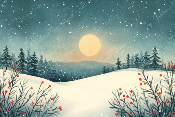 Serene Winter Landscape with Full Moon: A Timeless Visual Masterpiece
