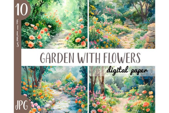 Watercolor Garden with Flowers Clipart